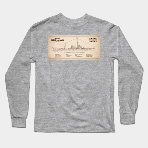 HMS Dreadnought ship plans - SDL Long Sleeve T-Shirt by SPJE Illustration Photography